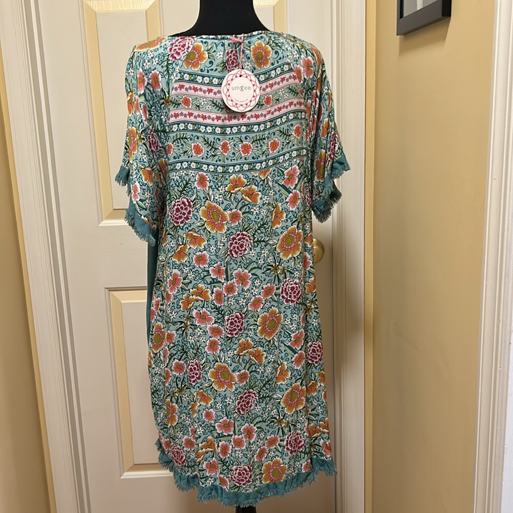 Umgee Teal Floral Mini Dress with Fringe Trim - Picture 2 of 4